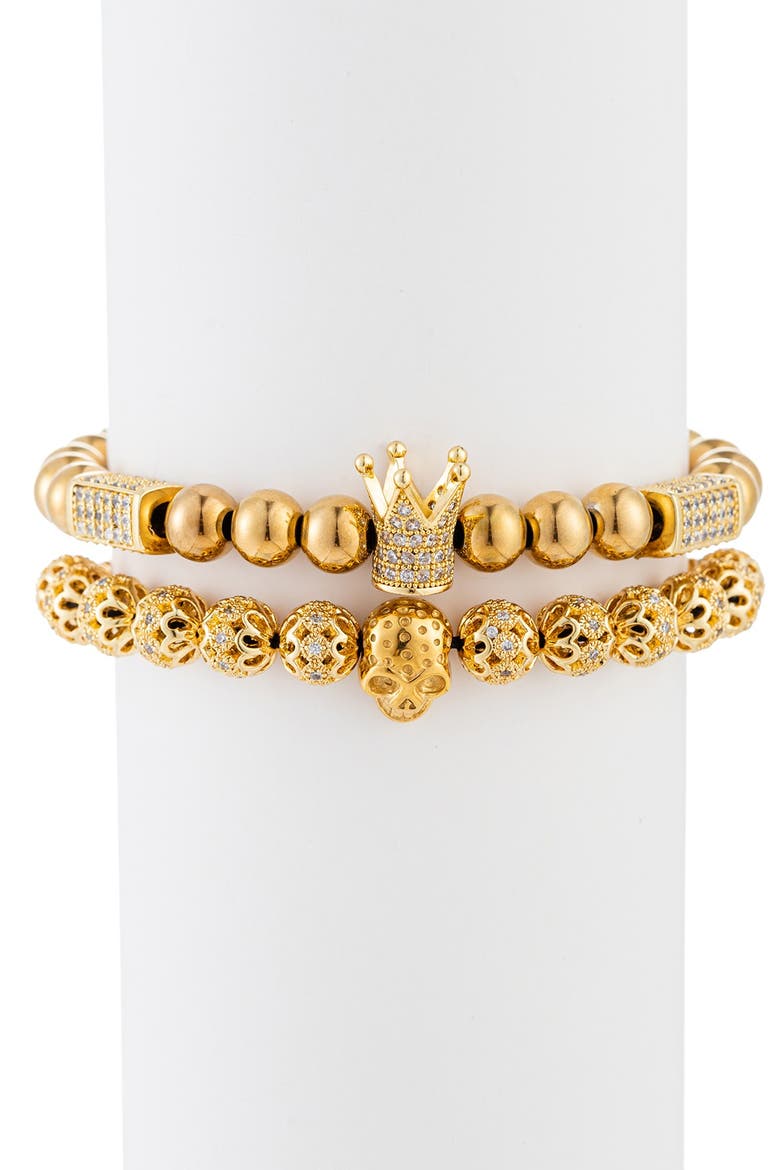 Men's Set of 2 Adrian Skull & Crown Beaded Bracelets, Main, color, GOLD