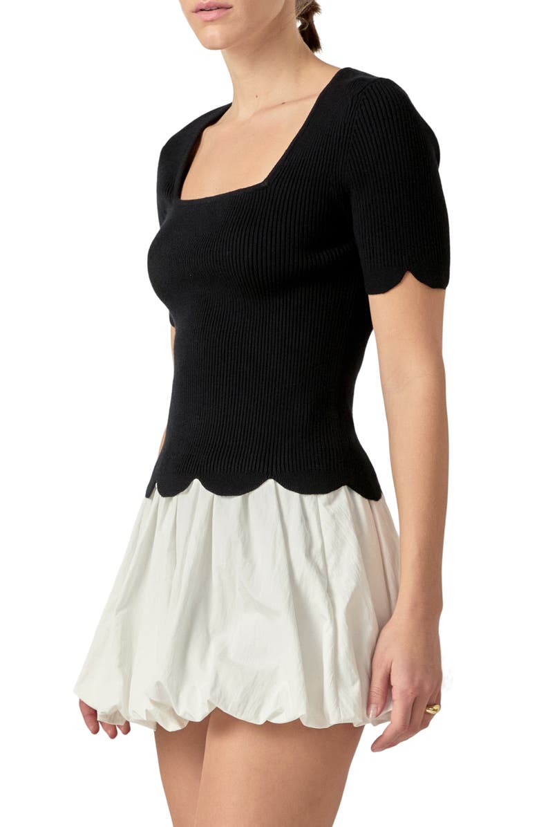 English Factory Scallop Hem Square Neck Rib Sweater, Alternate, color, Black
