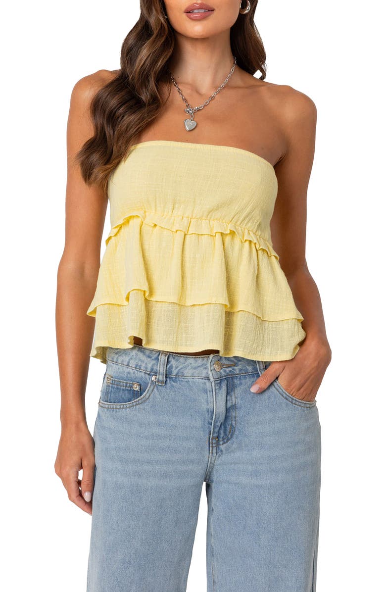 EDIKTED Smocked Ruffle Strapless Top, Main, color, Yellow