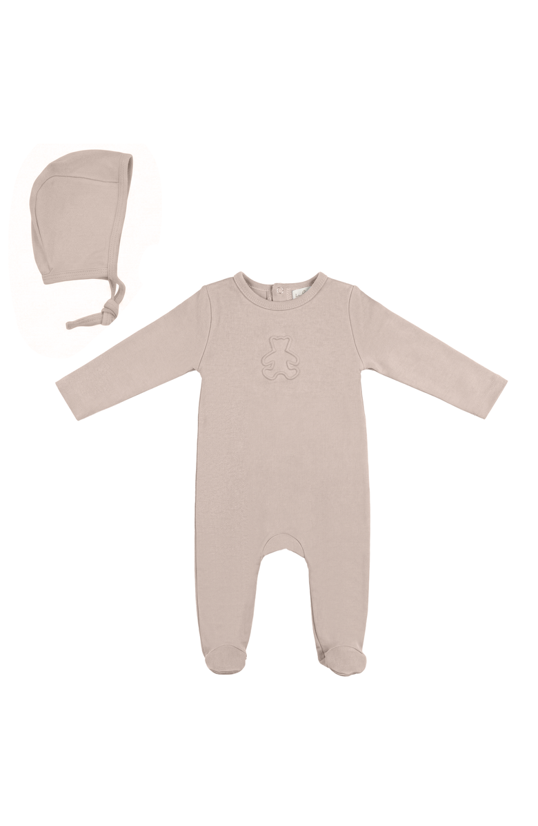 Bebe Bella Embossed Bear Romper Layette Set, Main, color, Beige