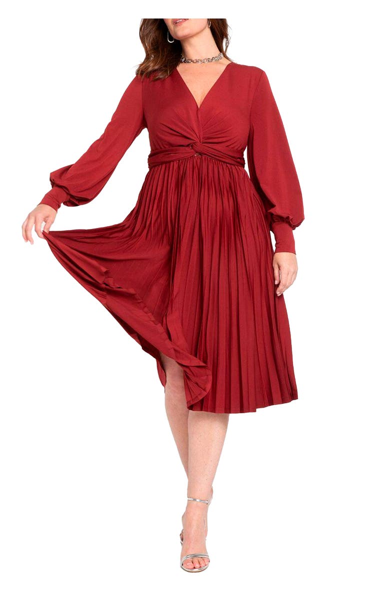 ELOQUII Knot Front Pleated Skirt Dress, Main, color, Rich Burgundy