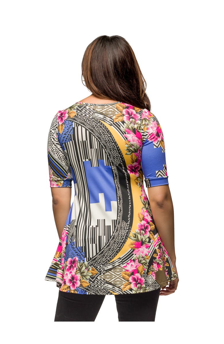 24seven Comfort Apparel Maternity Floral Print Elbow Sleeve V-Neck Henley Tunic Top, Alternate, color, Blue Multi