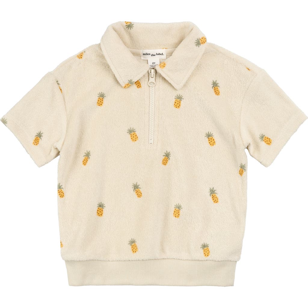 Miles The Label Kids' Pineapple Print Terry Cloth Half Zip Polo In Beige