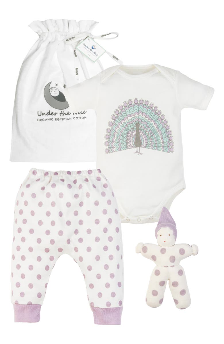 Under the Nile 3-Piece Peacock Organic Cotton Bodysuit, Pants & Lovey Toy Set, Main, color, 