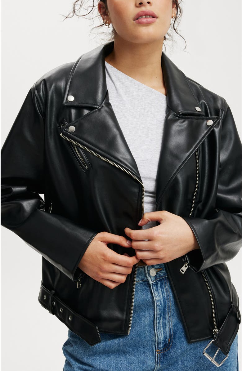 Cotton On Roman Faux Leather Biker Jacket, Main, color, Black