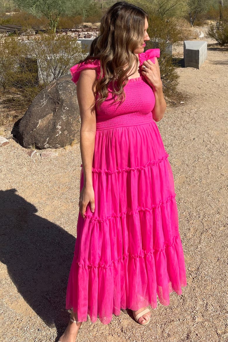 Smocked Mesh Ruffle Accent Midi Dress, Alternate, color, Fuschia