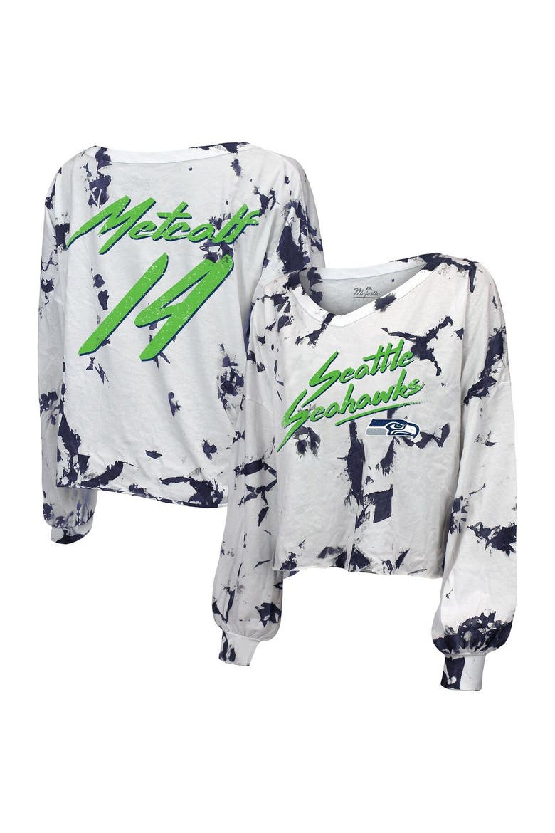 Women's Majestic Threads DK Metcalf White Seattle Seahawks Off-Shoulder Tie-Dye Name & Number Long Sleeve V-Neck Crop-Top T-Shirt, Main, color, White