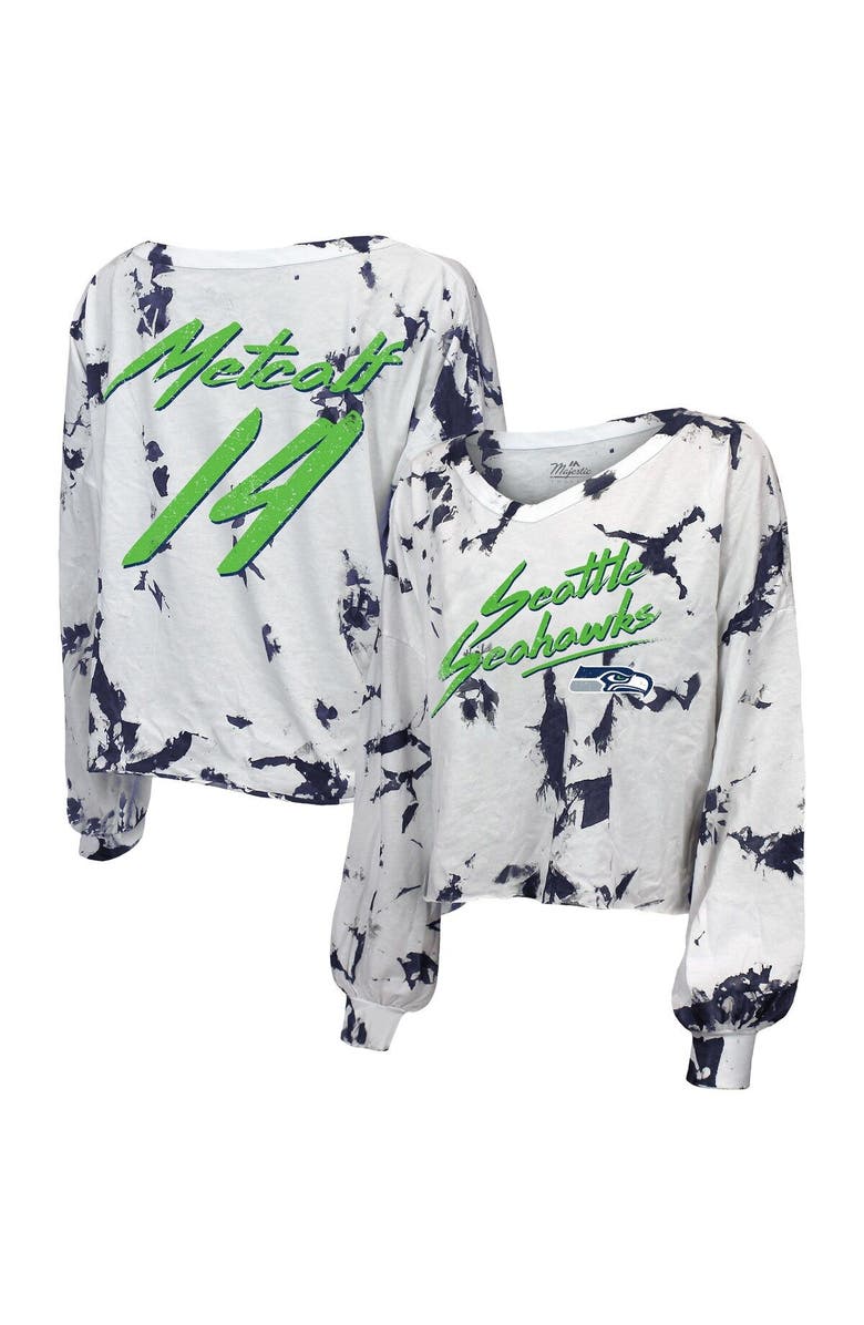 Majestic Threads Women's Majestic Threads DK Metcalf White Seattle Seahawks Off-Shoulder Tie-Dye Name & Number Long Sleeve V-Neck Crop-Top T-Shirt, Main, color,