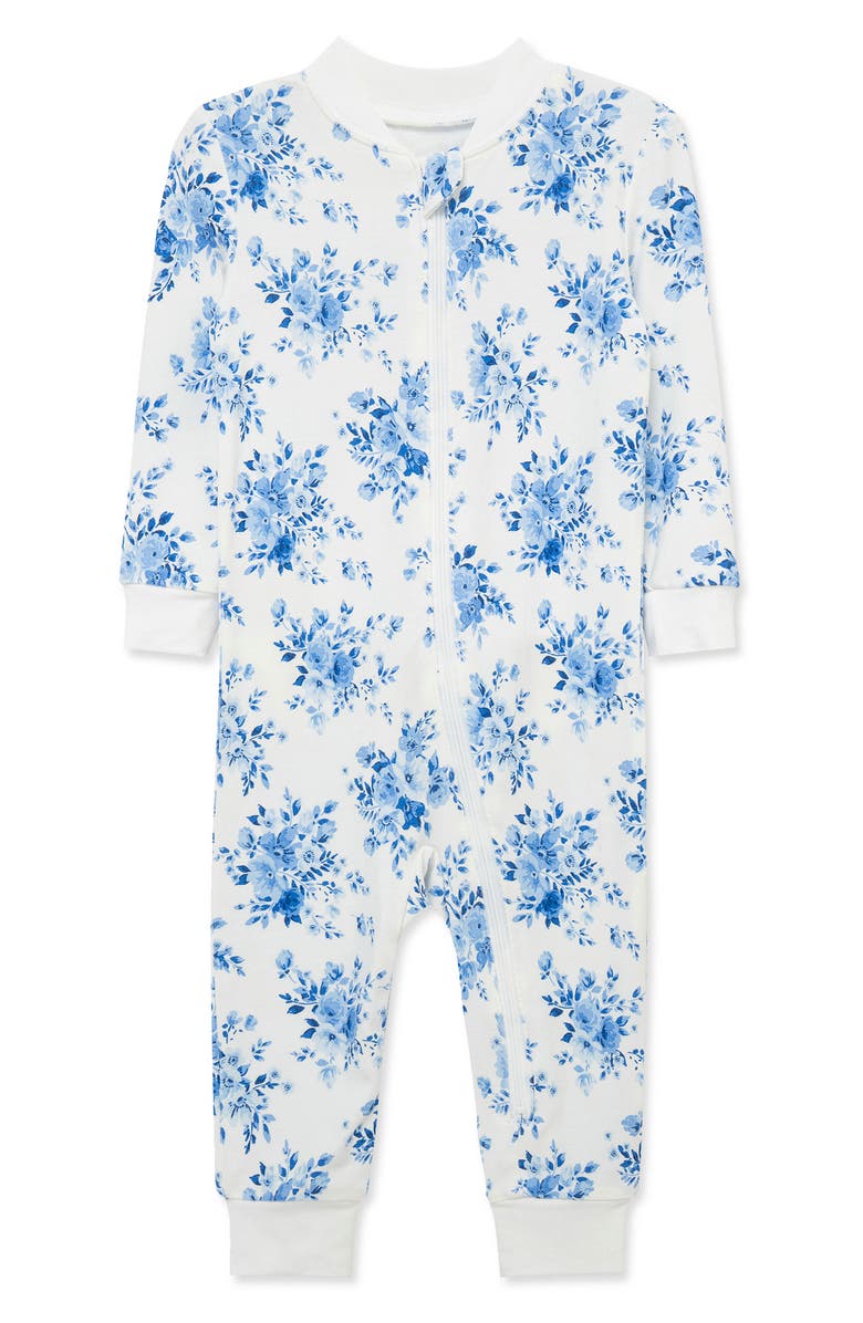 Little Me Blue Floral Stretch Viscose Zip One-Piece Pajamas, Main, color, Blue