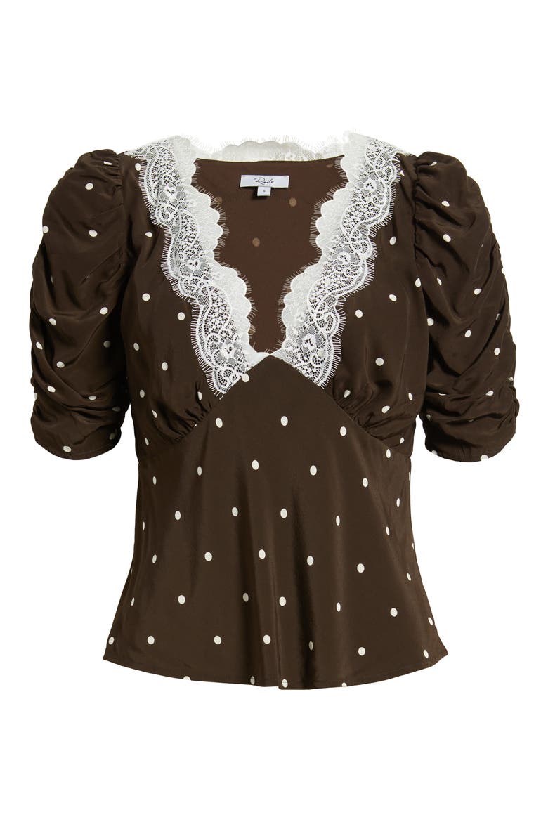 Lazara Lace Trim Polka Dot Top, Alternate, color, COCOA POLKA DOTS