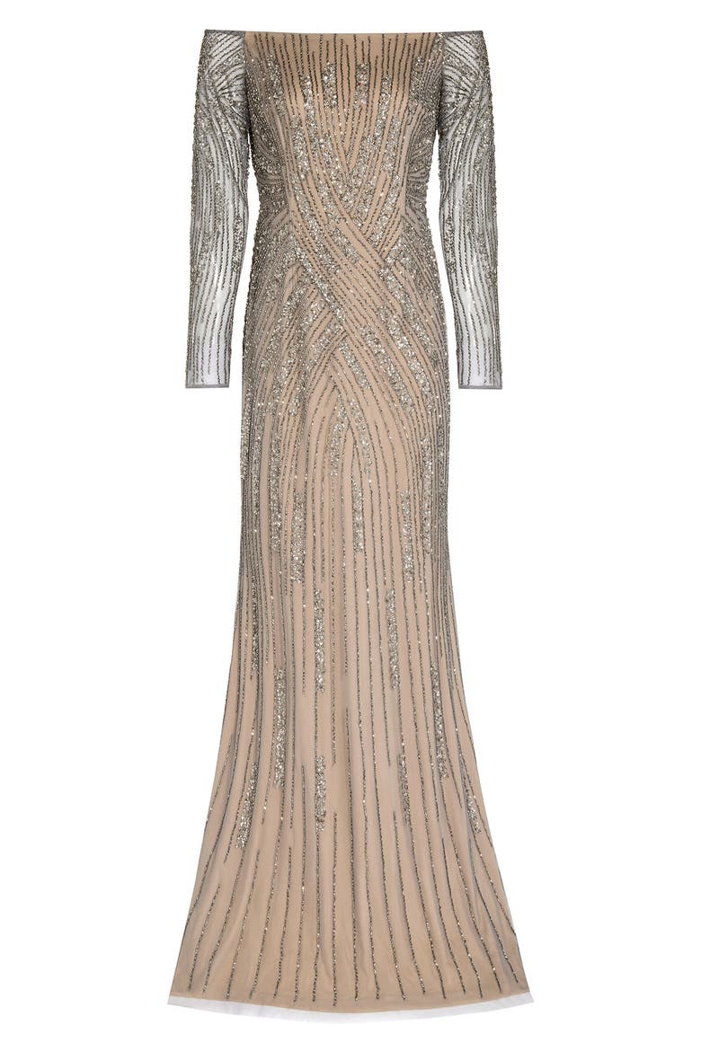 Beaded Long Sleeve Off the Shoulder Mermaid Gown, Alternate, color, STERLING