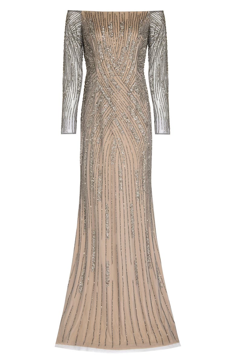 Adrianna Papell Beaded Long Sleeve Off the Shoulder Mermaid Gown, Alternate, color, Sterling