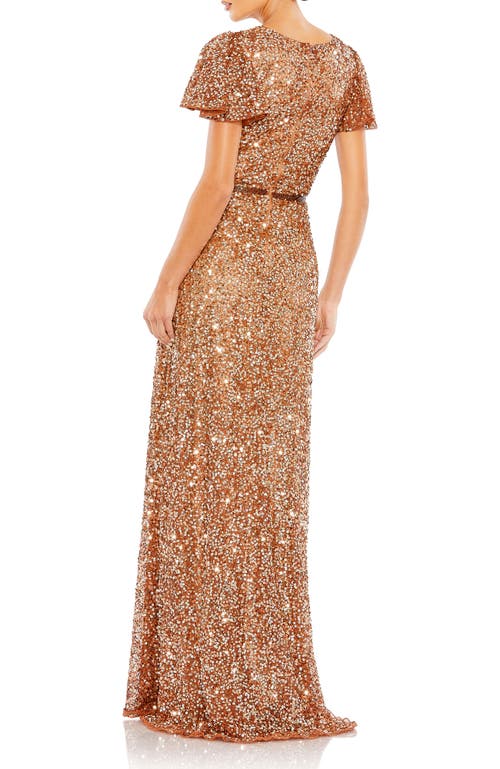 Mac Duggal Sequined Wrap Over Butterfly Sleeve Draped Gown In Brown