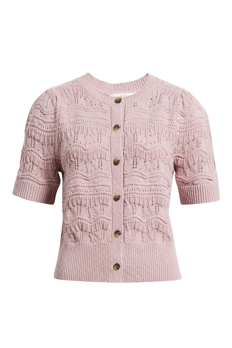 Short Sleeve Pointelle Cardigan, Alternate, color, PURPLE SHADE