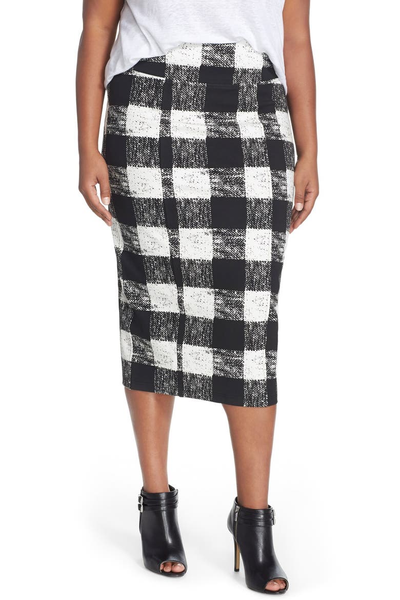 Ponte Pencil Skirt, Main, color, BLACK/ WHITE PLAID
