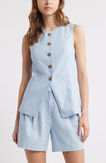 Open Edit Linen Blend Vest In Blue
