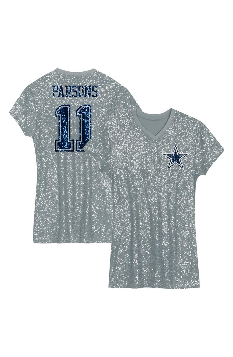 Outerstuff Girls Youth Micah Parsons Silver Dallas Cowboys Sequin Player Name & Number V-Neck Dress, Main, color, 