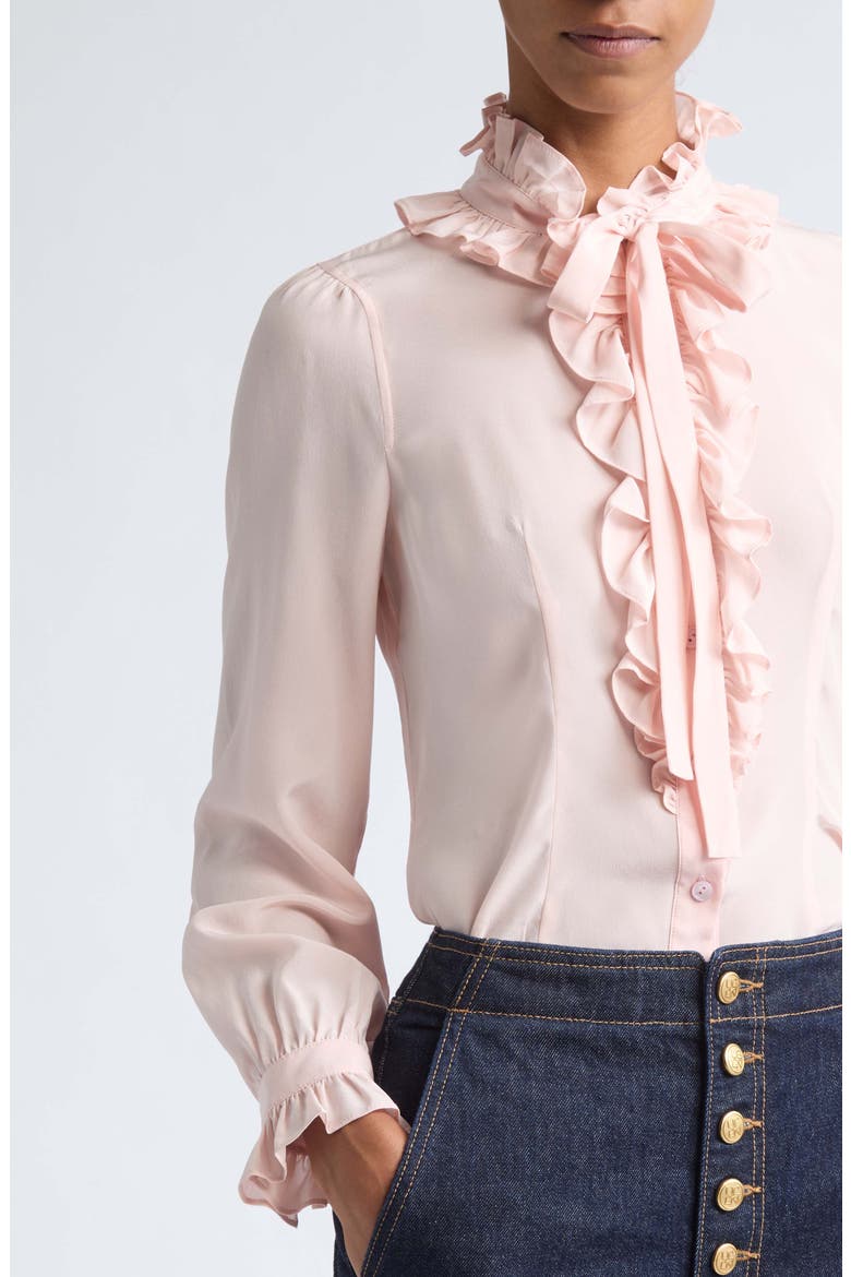 Catroux Ruffle Neck Silk Top, Alternate, color, POWDER