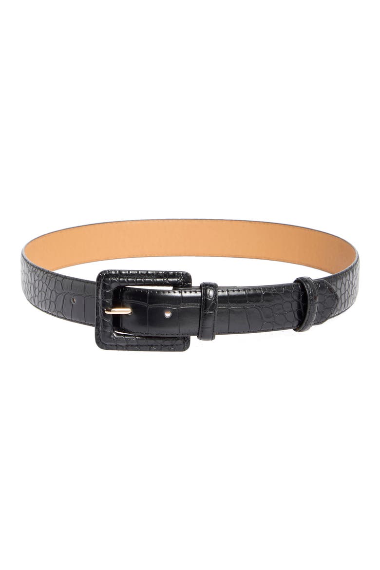 Croc Embossed Wrapped Buckle Belt, Main, color, BLACK