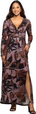 24seven Comfort Apparel Floral Print Long Sleeve Wrap Maxi Dress