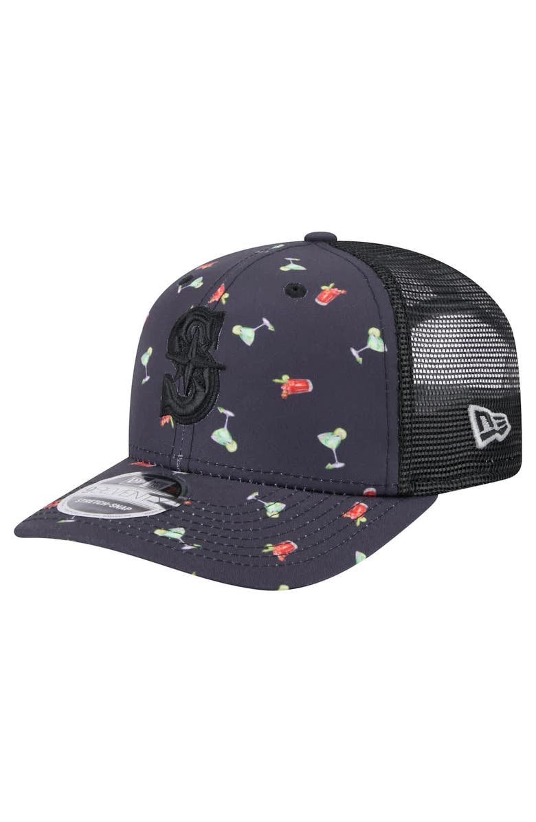 New Era Men's New Era Black Seattle Mariners Adventure Drinks Pattern 9SEVENTY Stretch-Snap Hat, Main, color, 