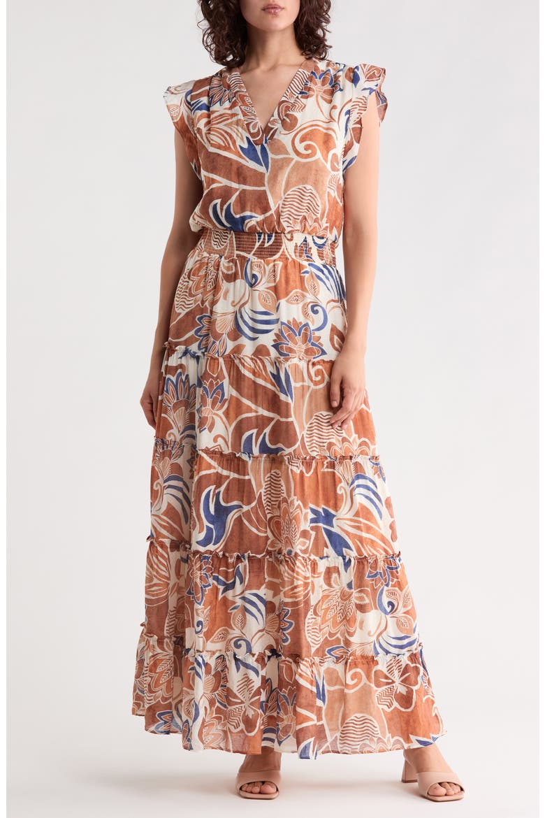 Ruffle Sleeve Smocked Waist Tiered Maxi Dress, Main, color, CREAM MULTI