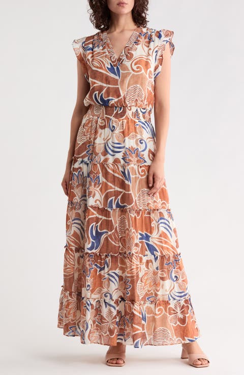 Ruffle Sleeve Smocked Waist Tiered Maxi Dress