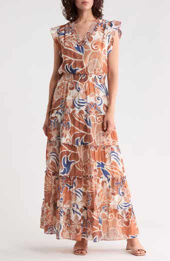 Ruffle Sleeve Smocked Waist Tiered Maxi Dress