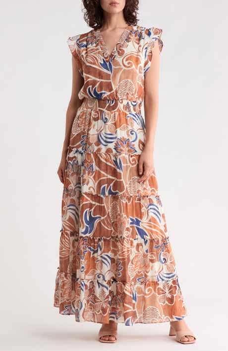 Ruffle Sleeve Smocked Waist Tiered Maxi Dress