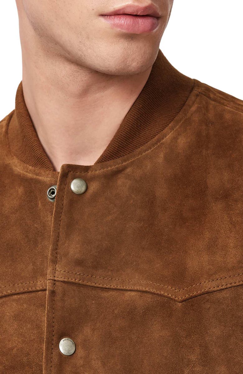 AllSaints Stafford Suede Bomber Jacket, Alternate, color, Hickory Brown