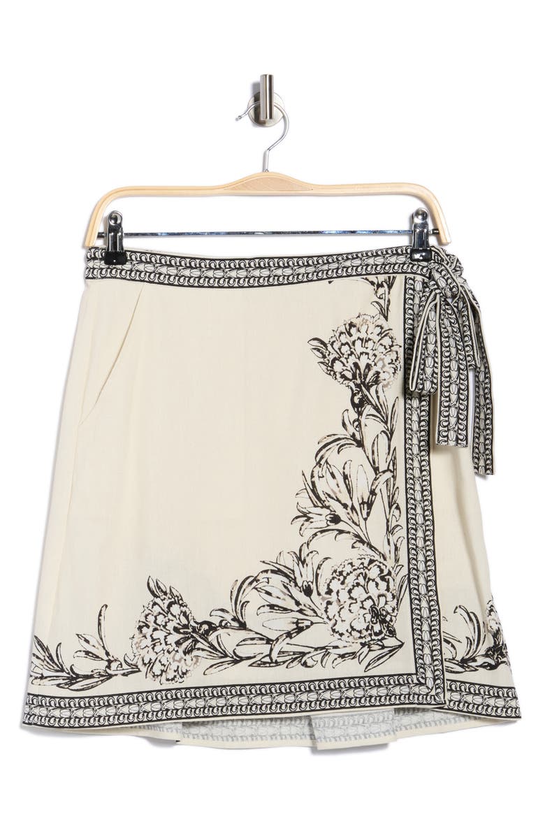 MAX STUDIO Embroidered Border Print Wrap Miniskirt, Alternate, color, Ivory/ Dust Climbing Dahlias