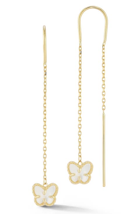 14K Gold Mother of Pearl Butterfly Threader Drop Earrings