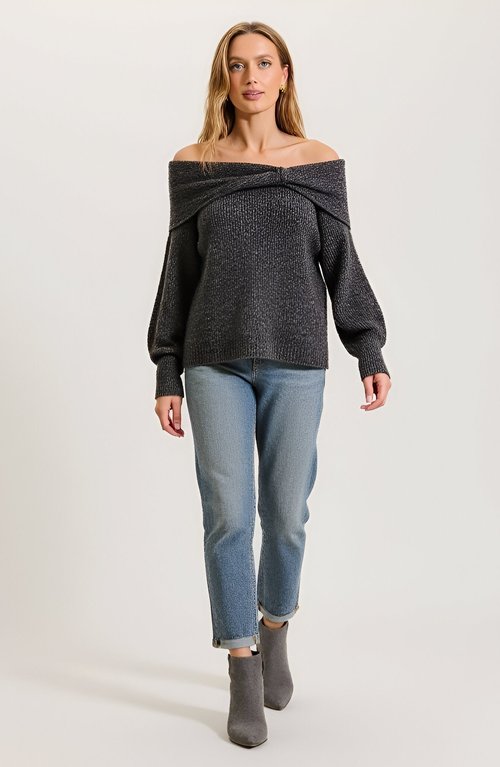 Modenaire Off-shoulder Sweater With Twisted Foldover Neckline And Balloon Sleeves In Black