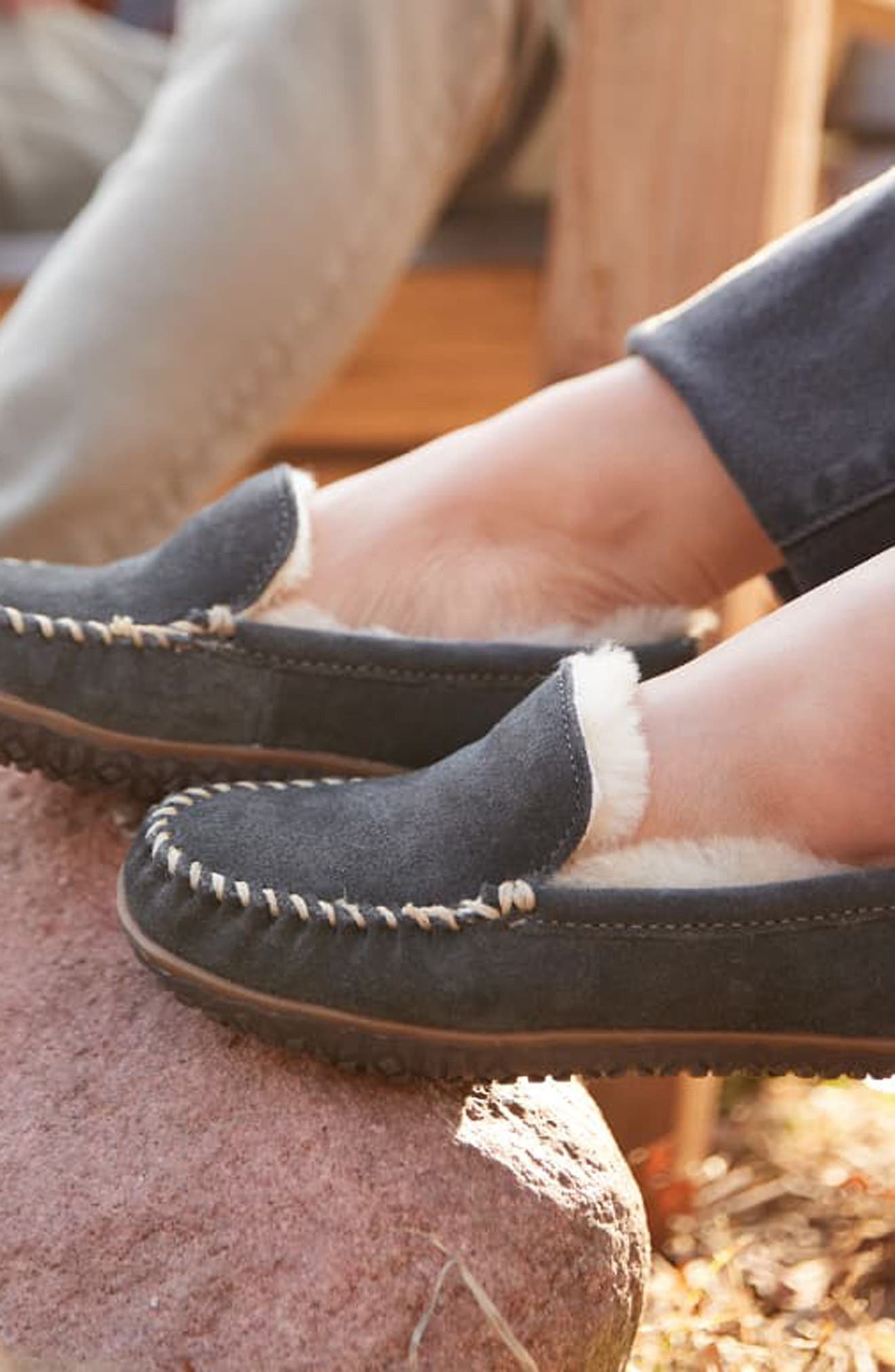 Minnetonka Terese Genuine Shearling Loafer, Alternate, color, Charcoal Black