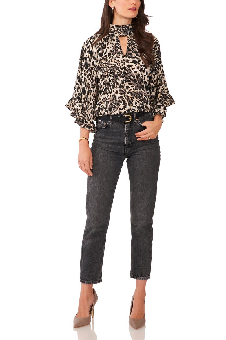 Leopard Print Keyhole Neck Ruffle Blouse, Alternate, color, NATURAL TAUPE
