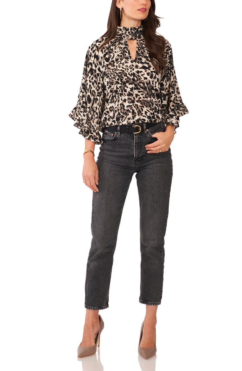 Vince Camuto Leopard Print Keyhole Neck Ruffle Blouse, Alternate, color,