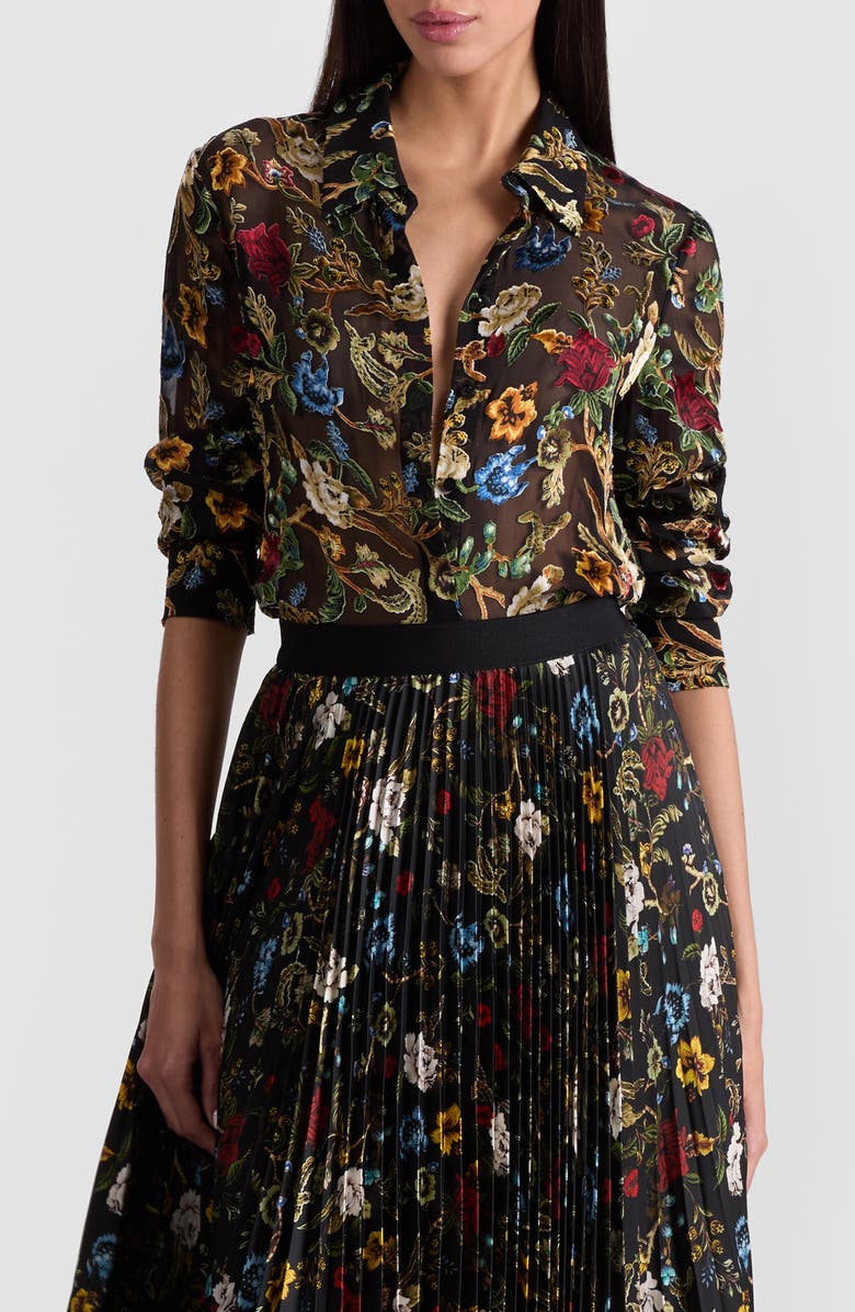 Alice + Olivia Willa Floral Button-Up Shirt, Main, color, Tapestry Trails/ Black