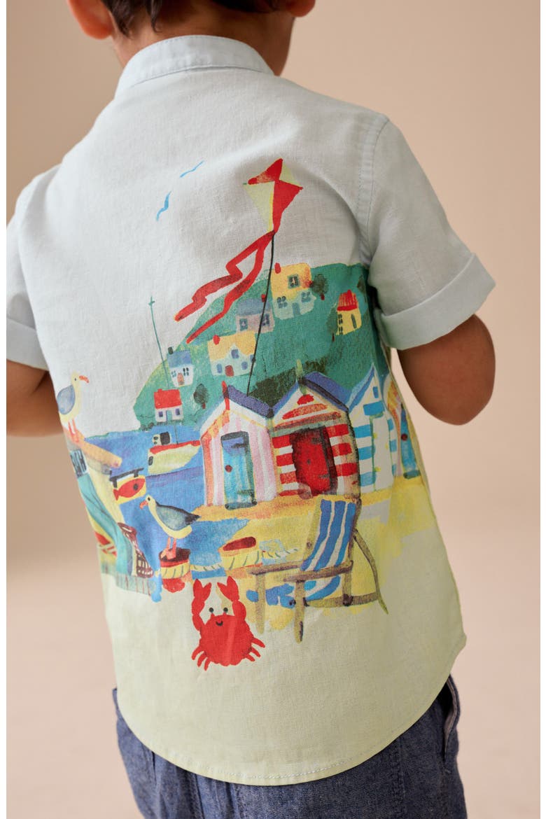 Kids' Seaside Print Grandad Collar Short Sleeve Button-Up Shirt, Alternate, color, BLUE