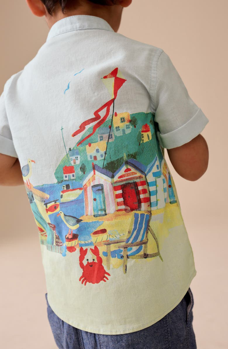 NEXT Kids' Seaside Print Grandad Collar Short Sleeve Button-Up Shirt, Alternate, color, Blue