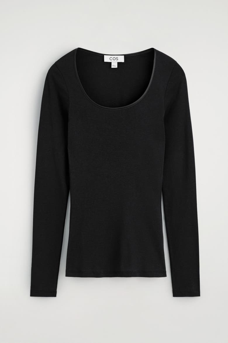 Satin-Trimmed Cotton Jersey Long-Sleeved Top, Alternate, color, BLACK