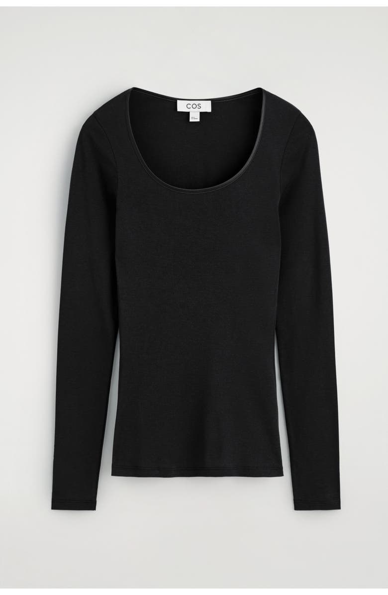 COS Satin-Trimmed Cotton Jersey Long-Sleeved Top, Alternate, color, Black