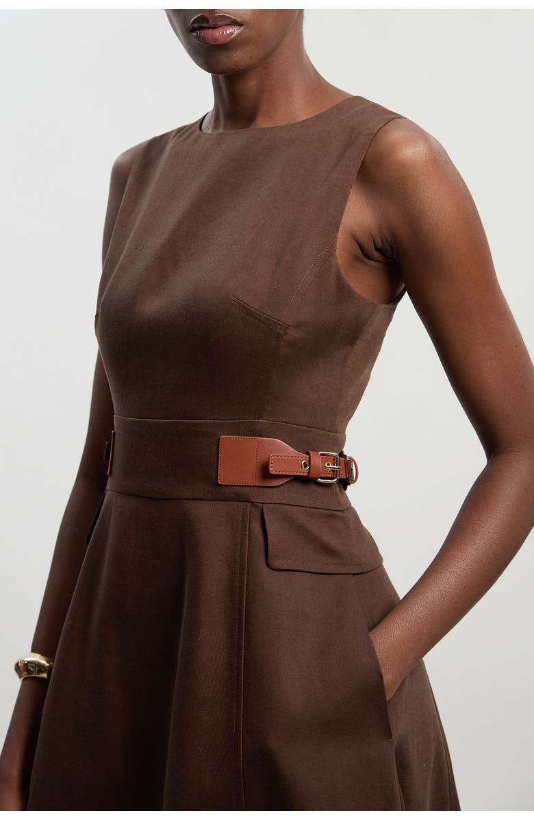 Karen Millen Fitted Belt Crew Neck Midi Dress, Alternate, color, Chocolate