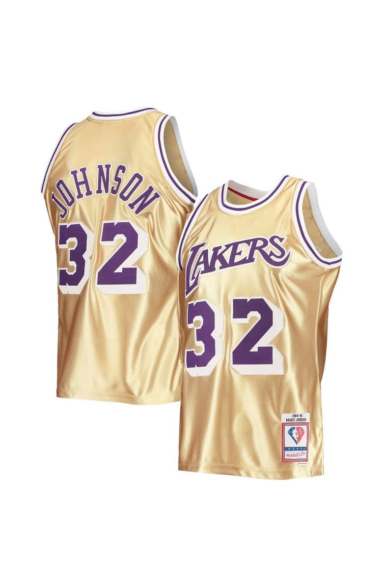 Mitchell & Ness Men's Mitchell & Ness Magic Johnson Gold Los Angeles Lakers 75th Anniversary 1984/85 Hardwood Classics Swingman Jersey, Main, color,
