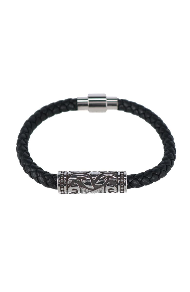 Trafalgar Silver Filigree Pattern on Black Leather Bracelet, Main, color,