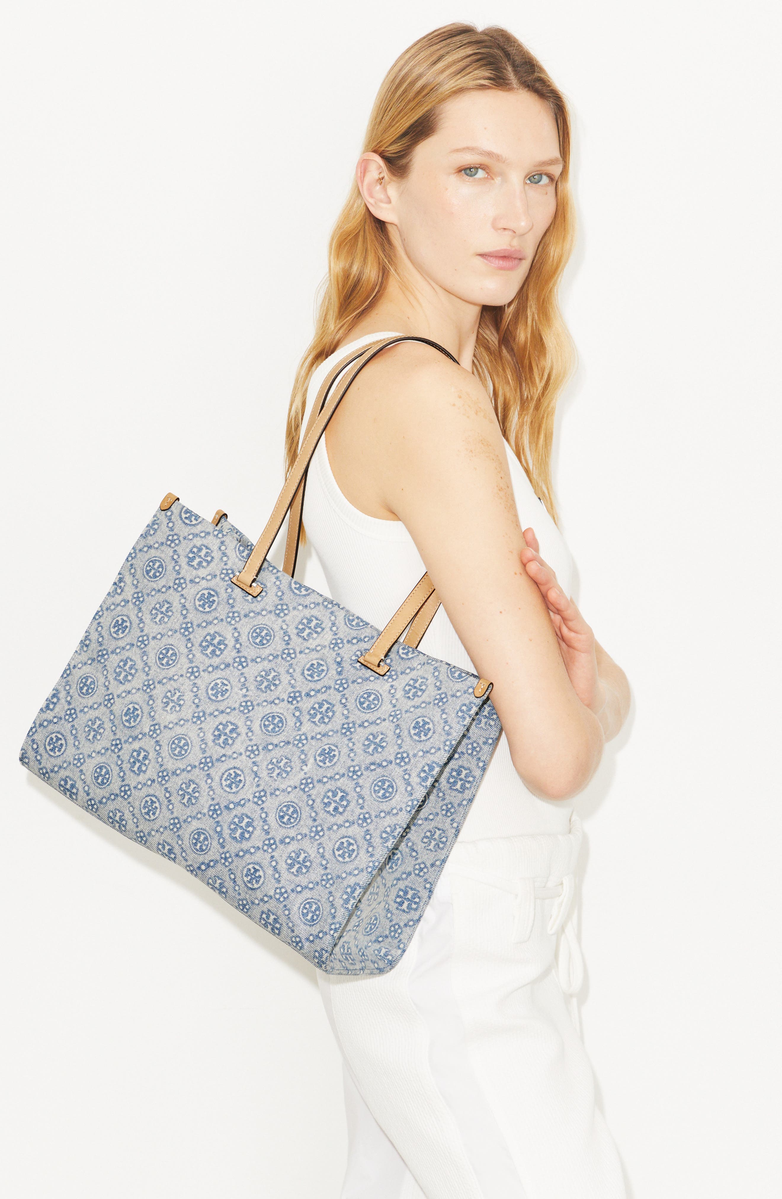 Tory Burch T Monogram Denim Tote, Alternate, color, Powder Blue
