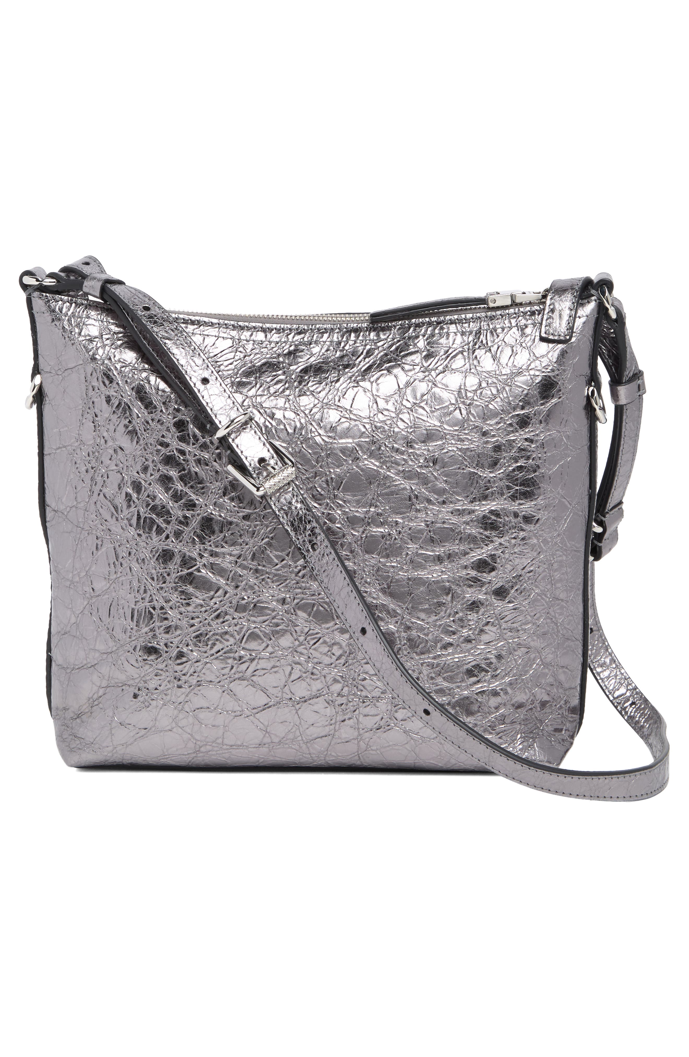 Small Voyou Crinkled Metallic Leather Shoulder Bag, Alternate, color, SILVERY GREY