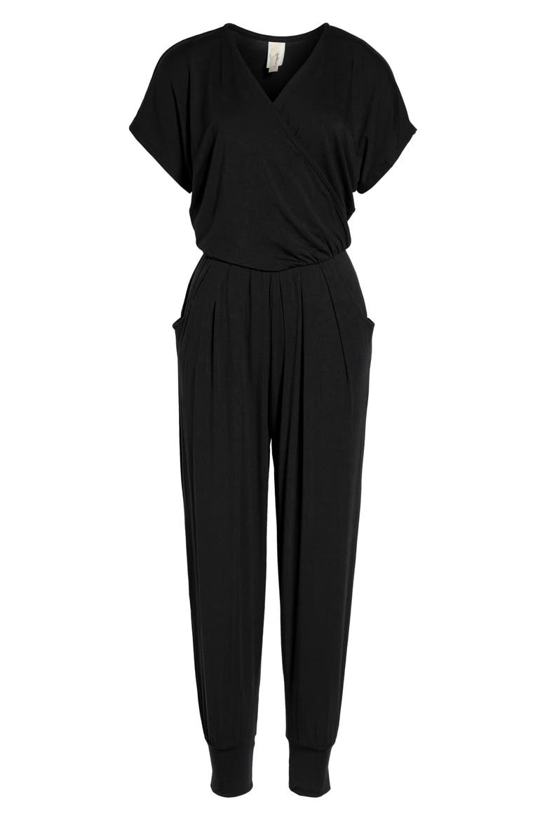 Short Sleeve Wrap Top Jumpsuit, Main, color, BLACK