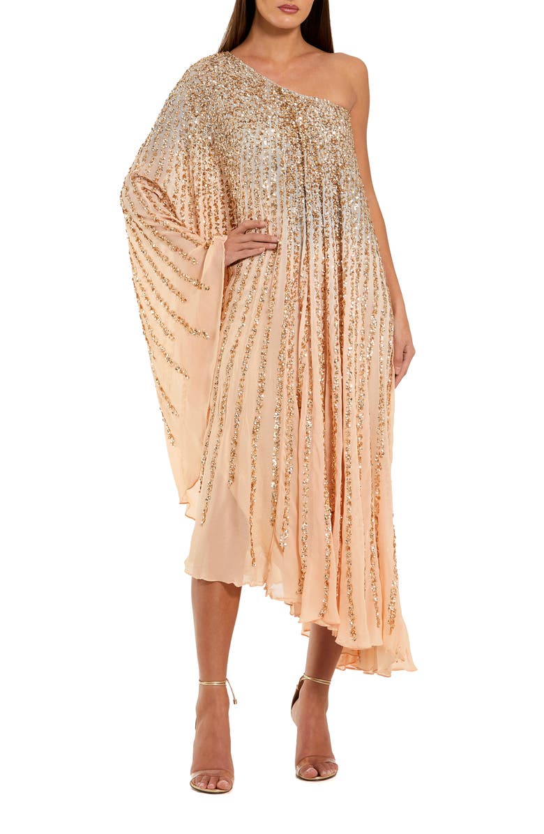 Mac Duggal One Shoulder Ombre Sequin Kaftan Dress, Main, color, Champagne Gold
