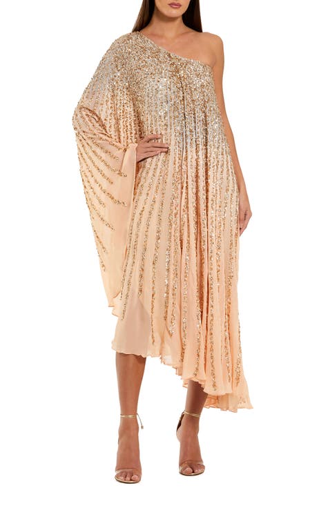 One Shoulder Ombre Sequin Kaftan Dress