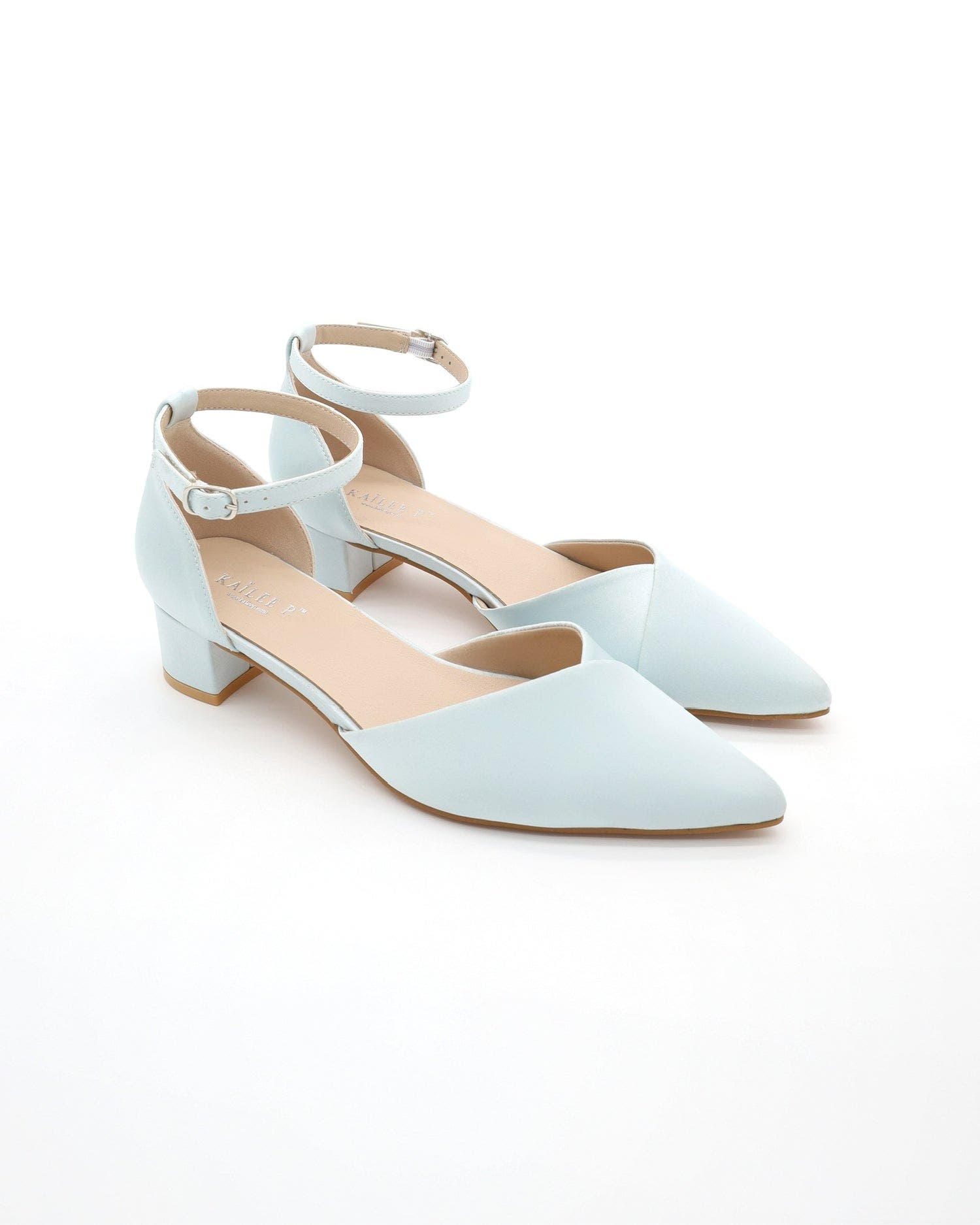 Leila Satin Pointed Toe Low Block Heels Wedding Shoes, Main, color, Light Blue